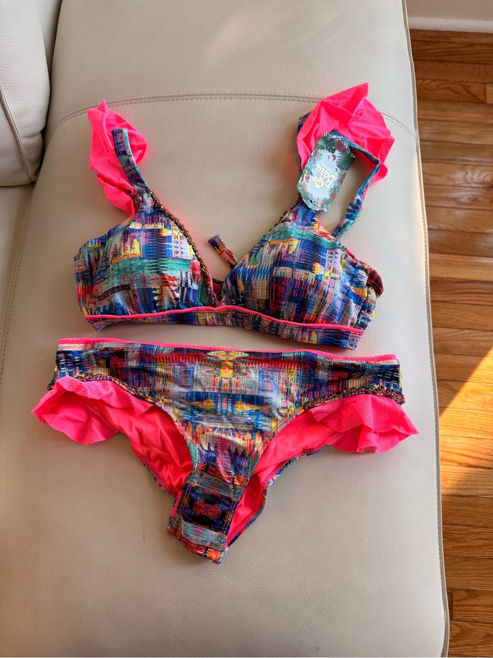 Neon Pink Ruffle-Trim Multiprint Bikini Set